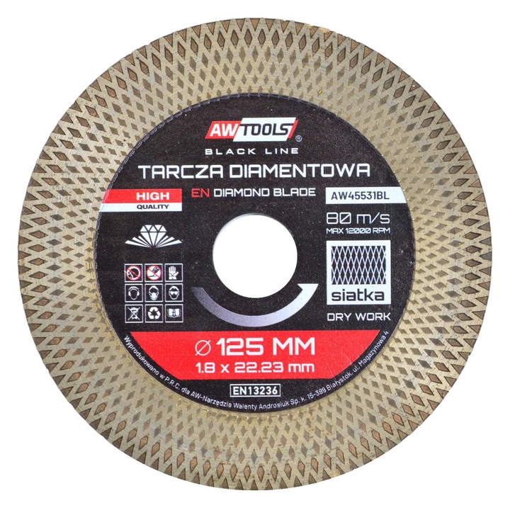 Disc diamantat 125mm, Awtools, grosime 1,8mm, pentru taiere ceramica, granit, marmura, 22,23mm