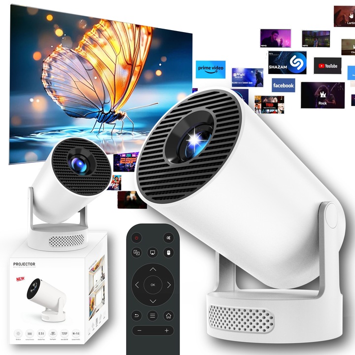 Proiector Smart Ultra, Ciron, HY300 Ultra, Android 14, WiFi 6 Dual Band, Bluetooth 5.4, Instalare Aplicatii Streaming, Corectie Automata Imagine, Design Cilindric, Dimensiuni Ø94.8 x 177 mm, Culoare Alb