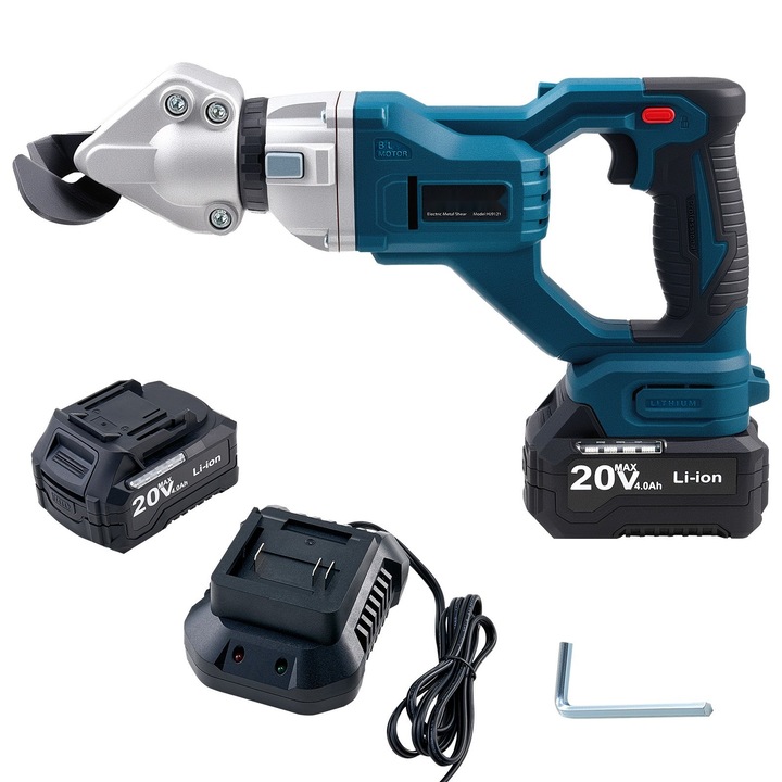 Elektromos fémvágó olló HJ9121, dupla pengék, 360 fokban forgatható fej, ezüst/kék, 365x180x80mm, 20V akkumulátor