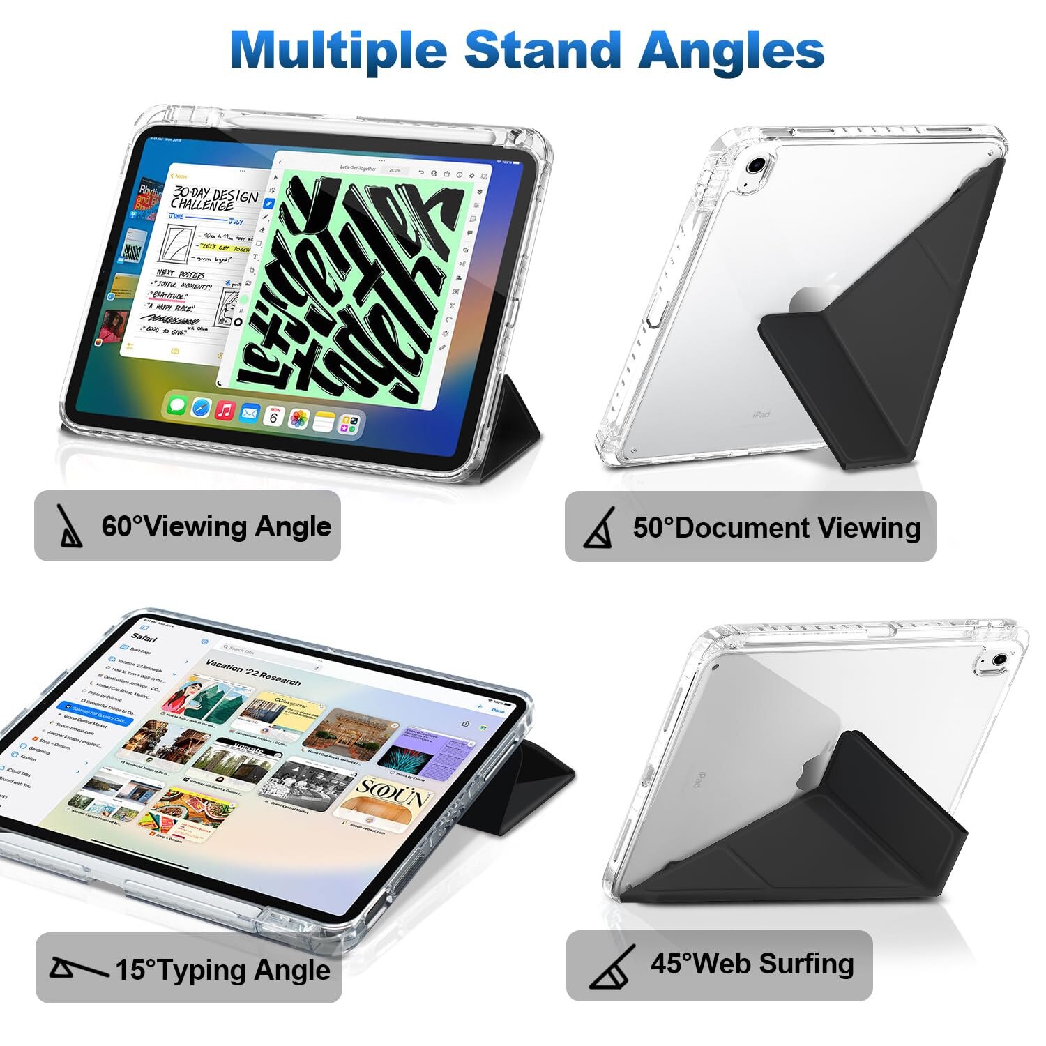 Husa pentru iPad 11" A16 (2025)/iPad 10.9" (2022), Gen cu 8+ unghiuri de vizualizare, functie de repaus/activare automata, carcasa rigida complet transparenta, suport solid pliabil in Y - neagra