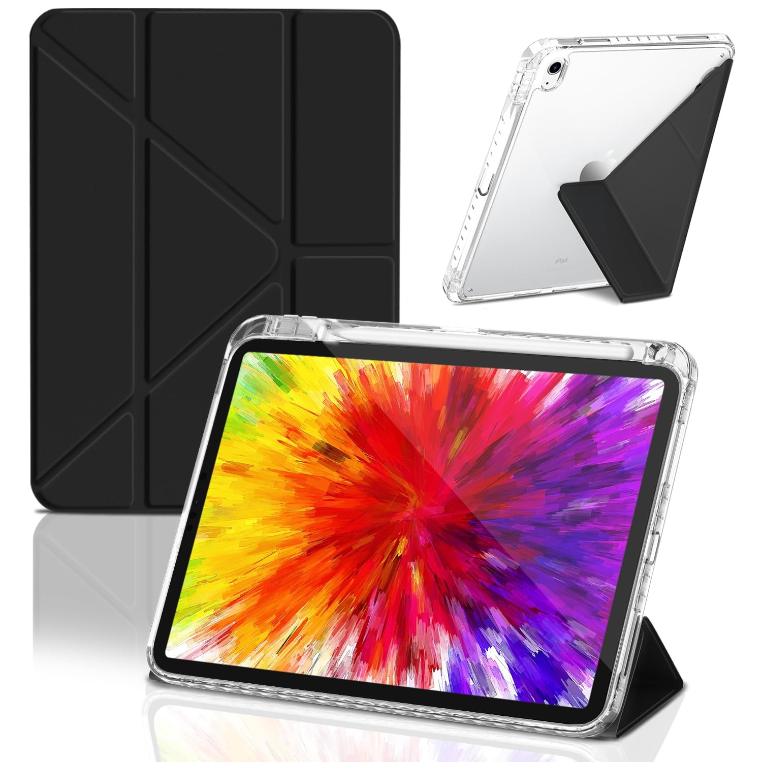 Husa pentru iPad 11" A16 (2025)/iPad 10.9" (2022), Gen cu 8+ unghiuri de vizualizare, functie de repaus/activare automata, carcasa rigida complet transparenta, suport solid pliabil in Y - neagra