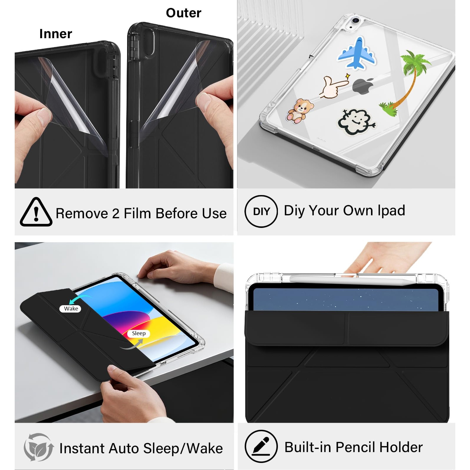 Husa pentru iPad 11" A16 (2025)/iPad 10.9" (2022), Gen cu 8+ unghiuri de vizualizare, functie de repaus/activare automata, carcasa rigida complet transparenta, suport solid pliabil in Y - neagra
