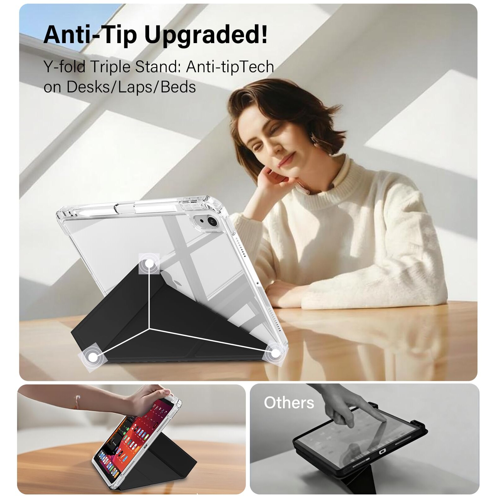 Husa pentru iPad 11" A16 (2025)/iPad 10.9" (2022), Gen cu 8+ unghiuri de vizualizare, functie de repaus/activare automata, carcasa rigida complet transparenta, suport solid pliabil in Y - neagra