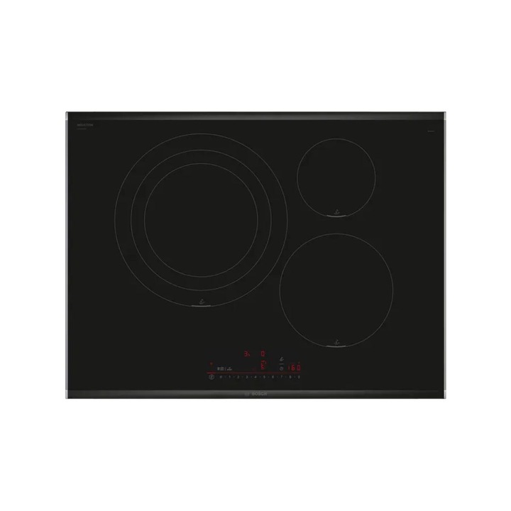 Plită cu inducție, Bosch, PID775HC1E, 70 cm, 7400 W, negru, 3 zone de gătit, control tactil, conectivitate Wi-Fi