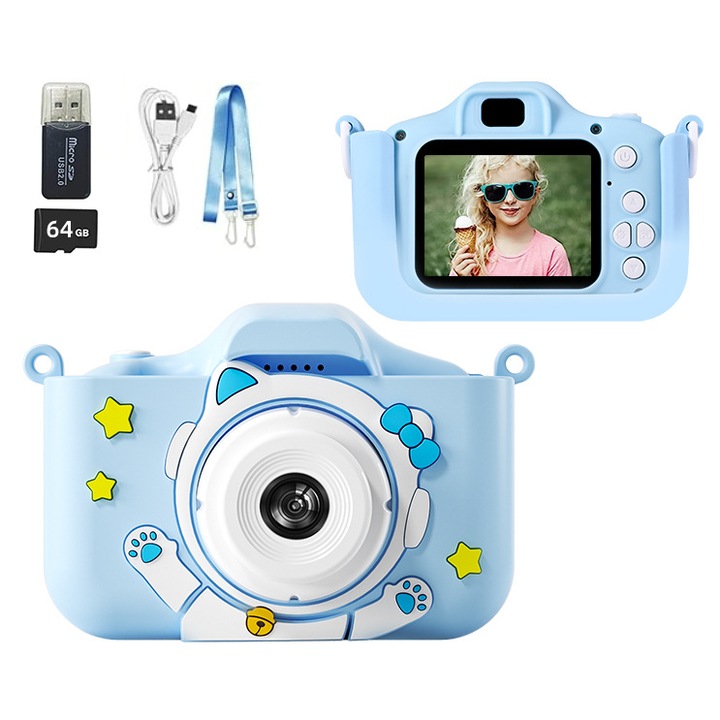 Camera instantanee pentru copii, 20 MP, 1080P, 64 GB, albastru