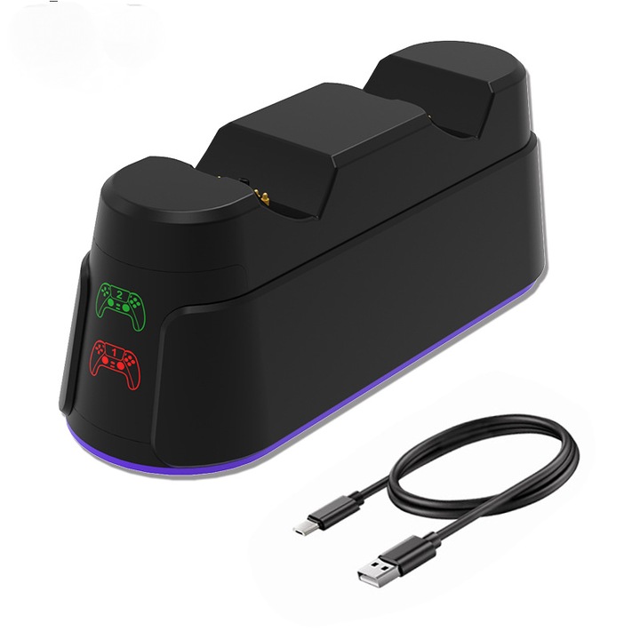 Statie de incarcare duala pentru controlere PS5, incarcare rapida, indicator LED, negru