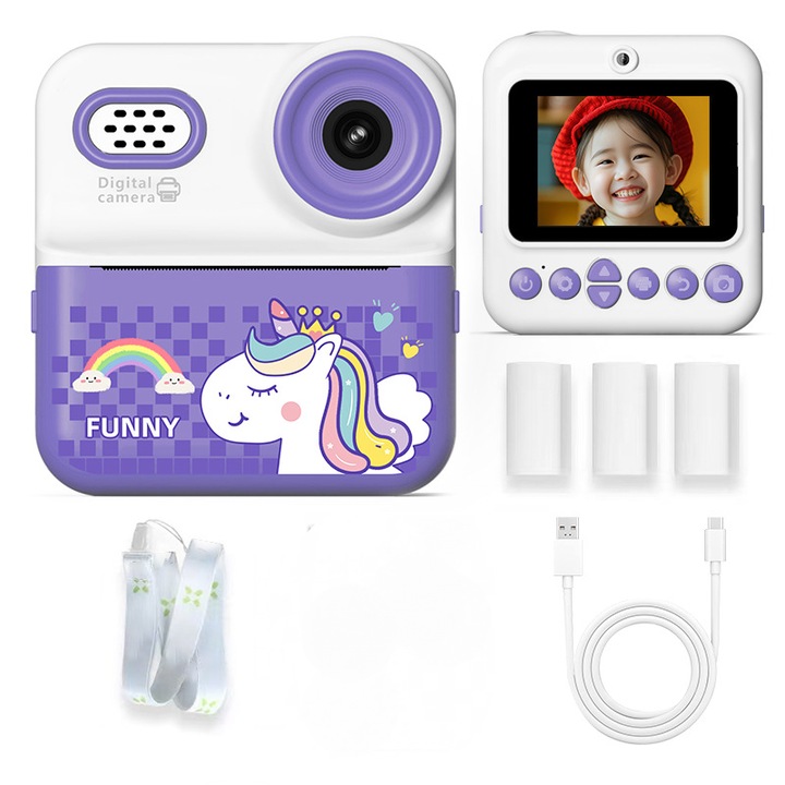 Camera instantanee pentru copii, 20MP, 1080P, 32GB card, 3 role hartie termica, violet