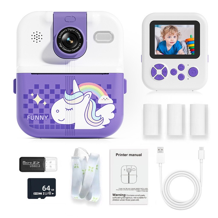 Camera Instantanee pentru Copii, 20MP, 1080P, 3 Rola de Hartie Termica, 64GB, Unicorn Violet
