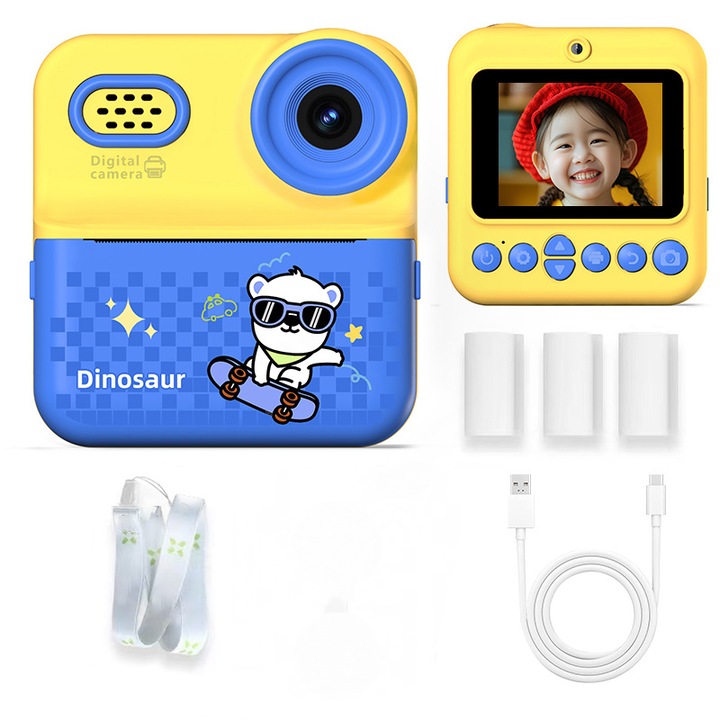 Camera instantanee pentru copii, 20MP, 1080P, 32GB, 3 role hartie termica, albastra