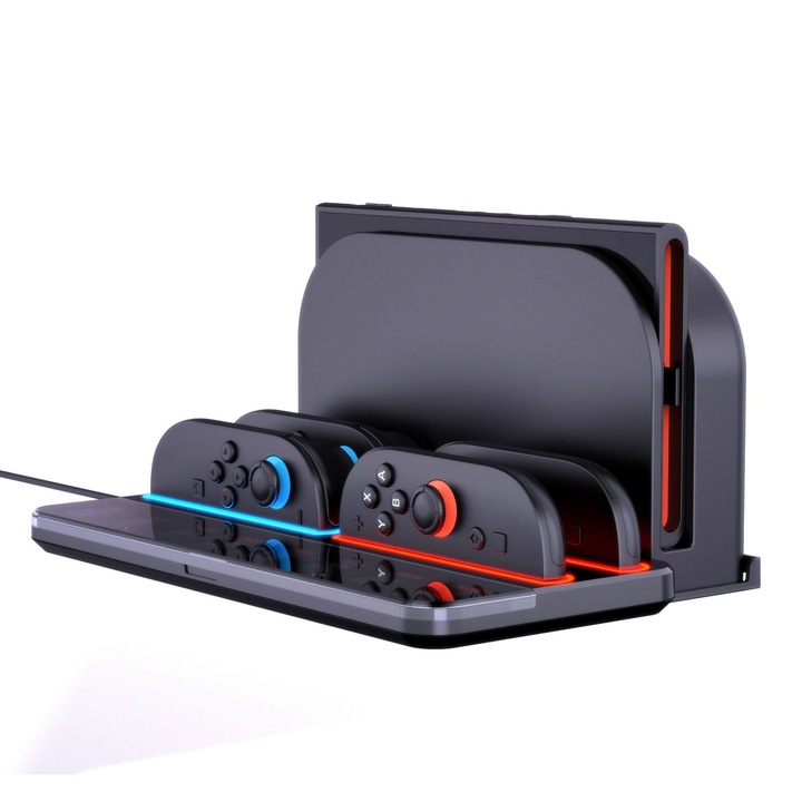 Dock de incarcare pentru Switch 2, incarcare rapida, indicator LED, negru, set pentru 4 controlere