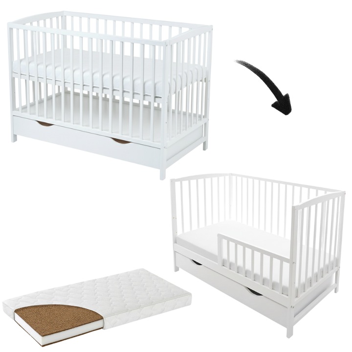 Кошара от масивно дърво с чекмедже, капак и преграда 120x60 см Kidizi Orella бяла и матрак кокос LUX 120x60x9 см, регулируема на 3 нива, сертифицирана по EN71