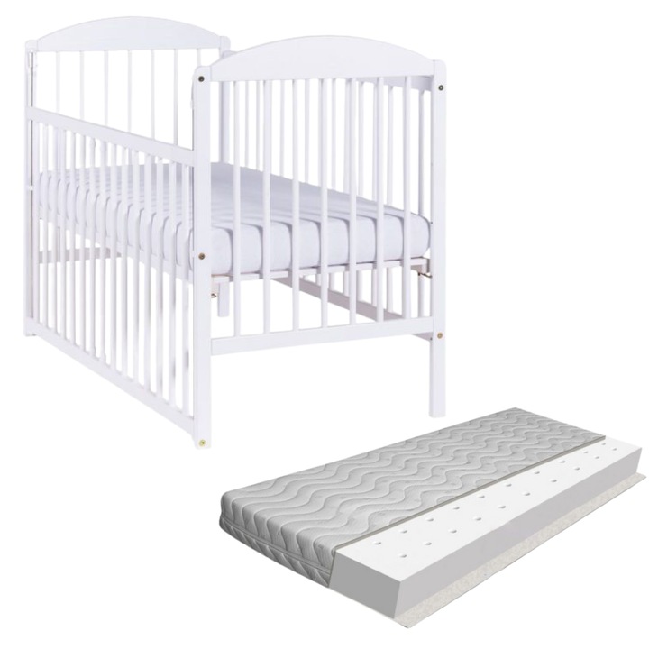 Кошара Kidizi Orella, дърво, бял, подвижна страна, регулируема подматрачна рамка на 3 нива, комплект с антиалергичен матрак Kidizi Air, 120x60x10 см