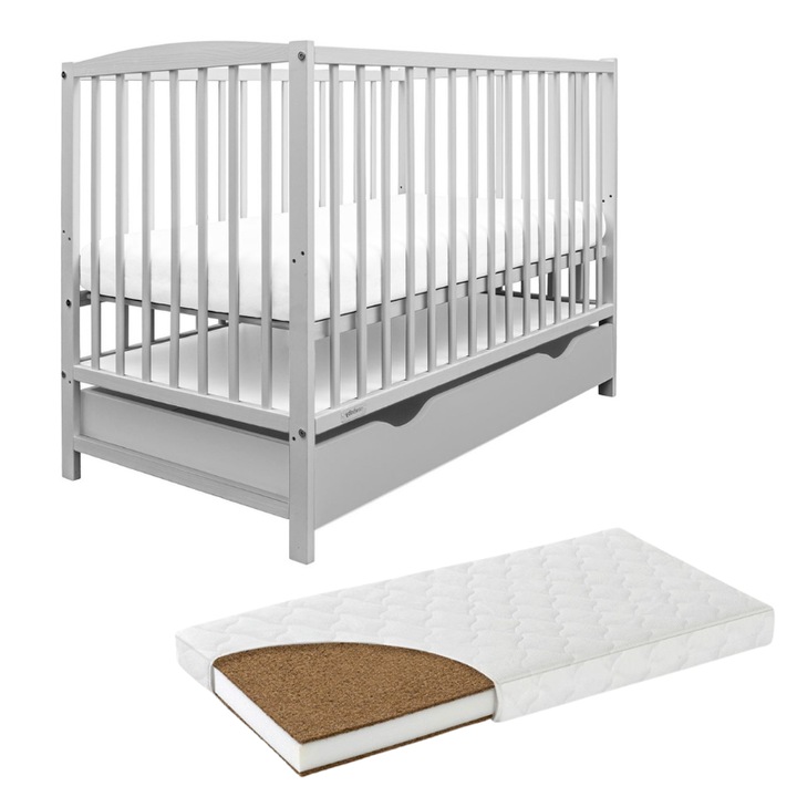 Orella Kidizi tömörfa kiságy fiókkal, többrétegű kókusz LUX matraccal, 120x60 cm, szürke