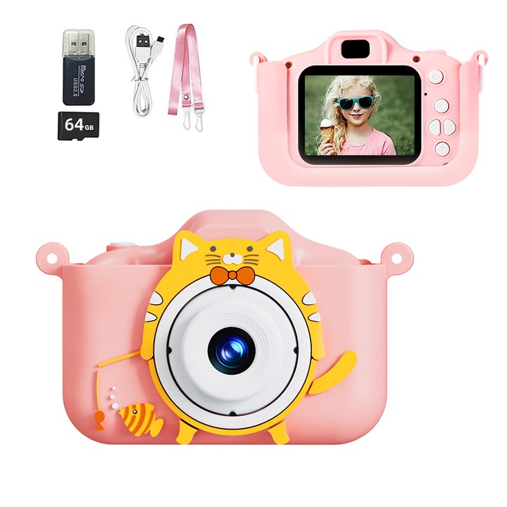 Моментална детска камера, 20MP, 1080P, жълта, комплект с 64GB карта и 3 ролки термична хартия