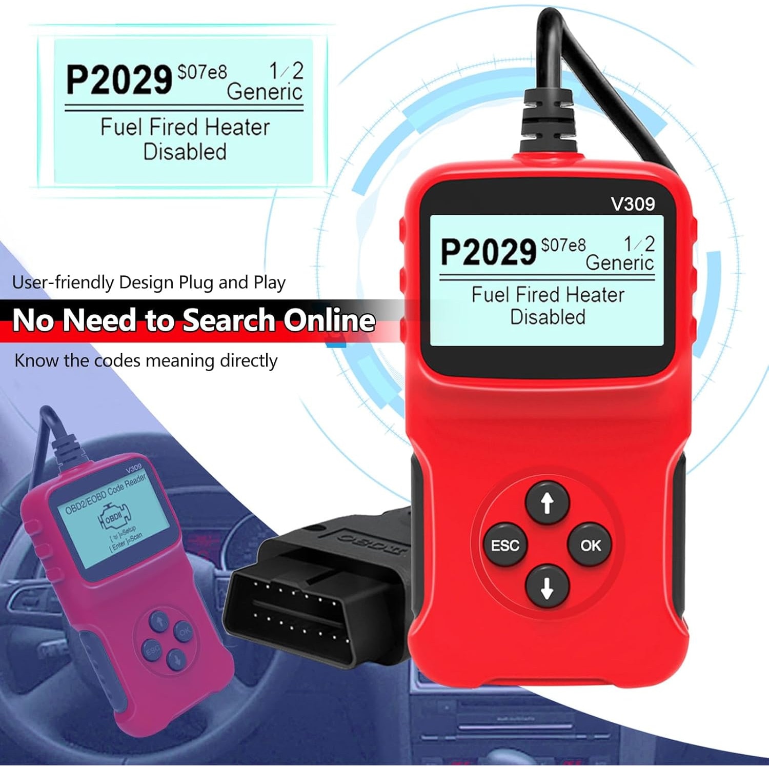 Tester auto MACVI OBD2 V309, citire/sterere coduri DTC, ecran LCD mare, plug and play