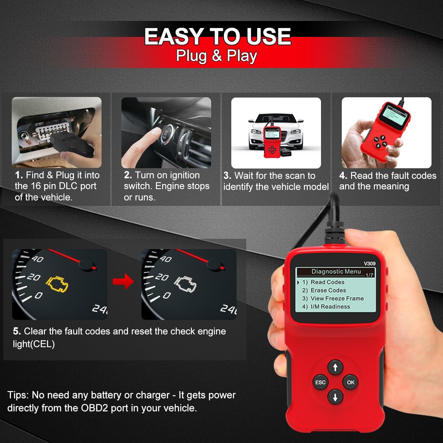 Tester auto MACVI OBD2 V309, citire/sterere coduri DTC, ecran LCD mare, plug and play