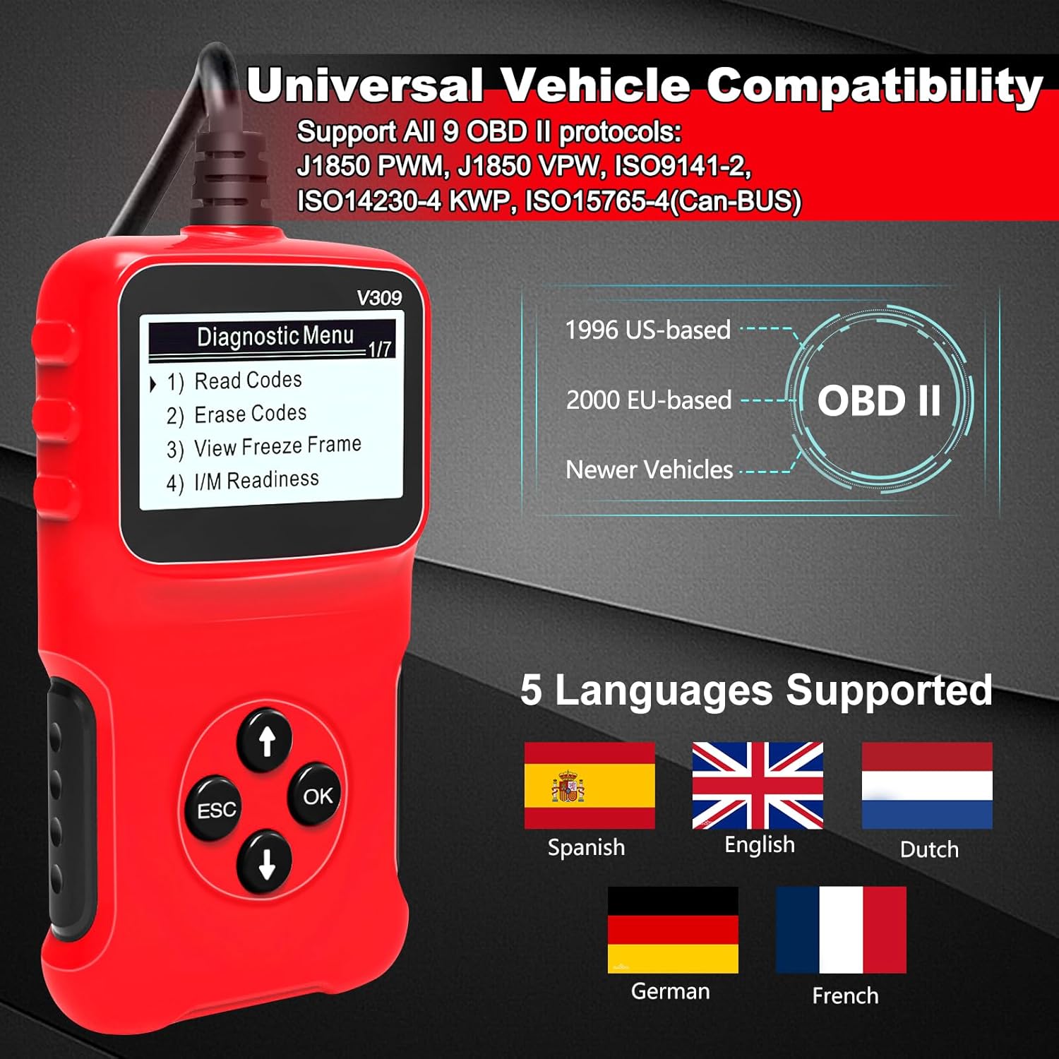 Tester auto MACVI OBD2 V309, citire/sterere coduri DTC, ecran LCD mare, plug and play