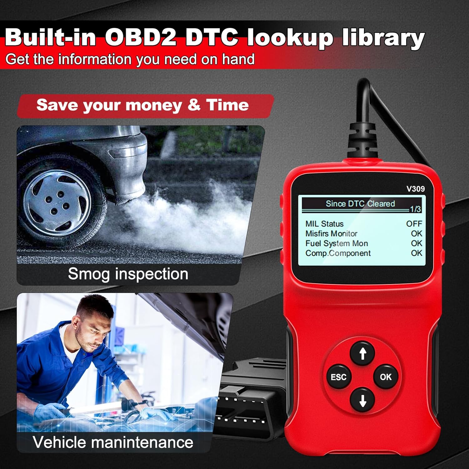 Tester auto MACVI OBD2 V309, citire/sterere coduri DTC, ecran LCD mare, plug and play