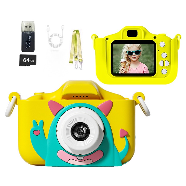 Моментална детска камера, 20MP, 1080P, 32GB SD карта, термопечат, жълта