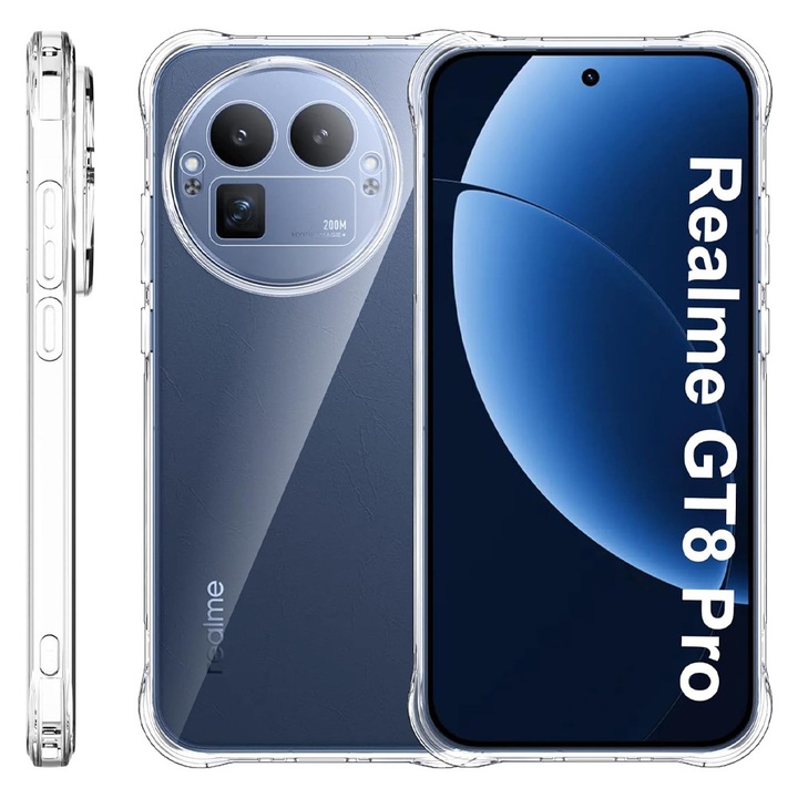 Калъф от най-висок клас AntiShock за Realme GT 8 Pro, гъвкав силикон, TPU броня, уникална дълготрайна технология против пожълтяване с двойно инжектиране, ултра богат и първокласен завършек, прозрачен