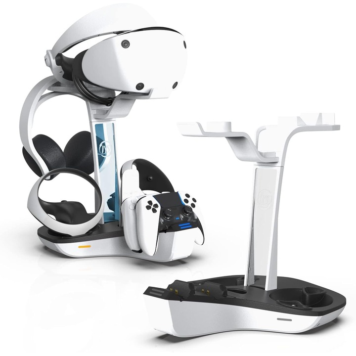 Statie de incarcare pentru controlere PS5, incarcare rapida, suport pentru casti, alb