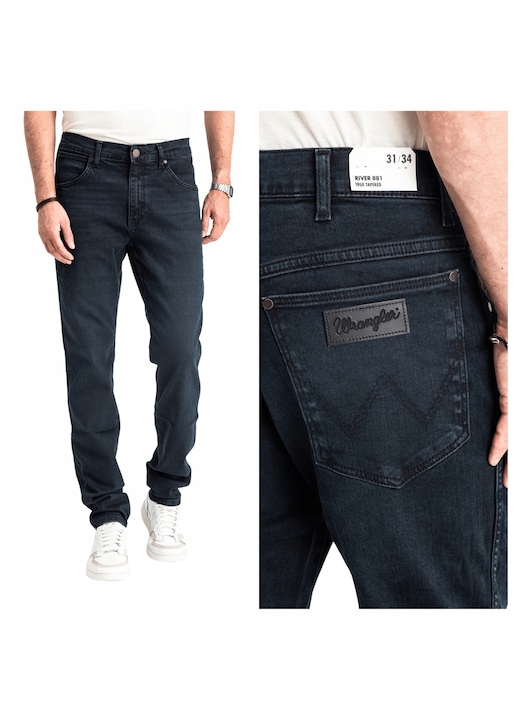 Blugi Barbati, Wrangler, River, Straight Fit, Talie Medie, Fermoar, Lungi, 5 Buzunare, Bumbac, Albastru, Albastru
