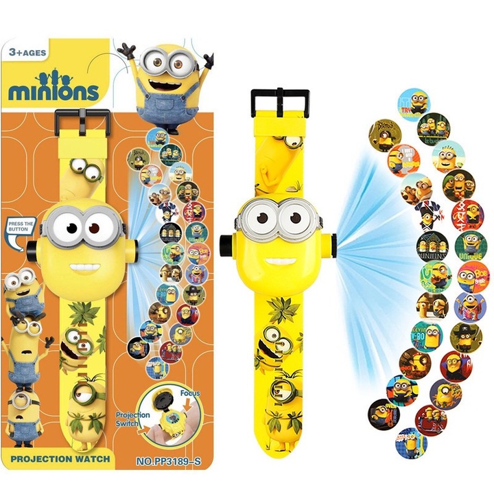 Ceas copii, design Minions, proiectie 24 imagini, deschidere flip