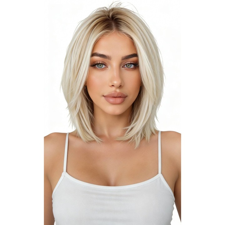 Peruca completa pentru femei, bob natural, parte centrala, blond platinat gradient