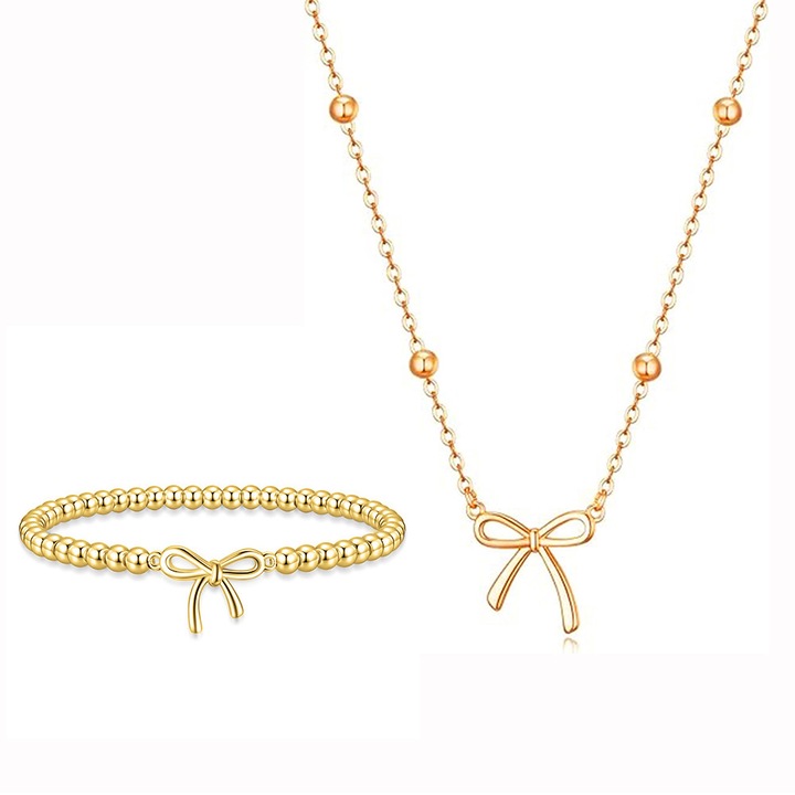 Set de bijuterii cu funda, Yisynim, la moda, cu colier cu funda si bratara cu funda, pentru femei, iubita, mama, auriu