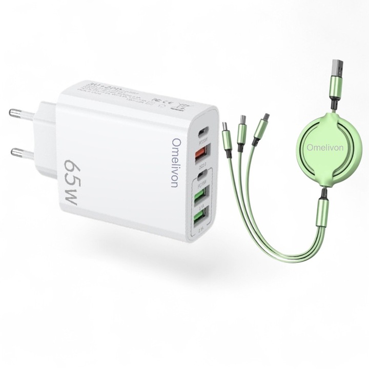 65W-os multiport töltő, 5 portos, USB-C PD + 3x USB-A QC 3.0, fehér, 3 az 1-ben visszahúzható kábellel