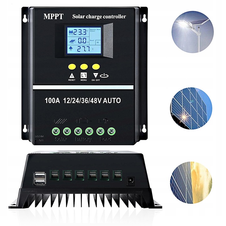 Controler de incarcare solara 100A, YOUKUKE®, MPPT, 12V/24V/36V/48V, Regulator inteligent cu port USB dublu, Parametru automat PWM, Display LCD, 7 moduri de operare, 6 protectii functionale, Negru