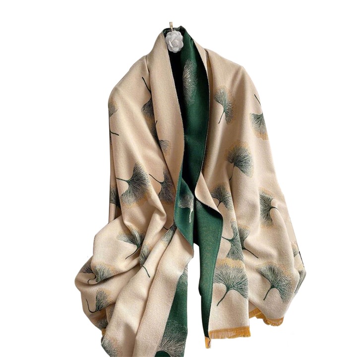 Esarfa sal dama, AFKSMILE cu model de frunze, calduroasa de iarna, verde bej, 180x65cm