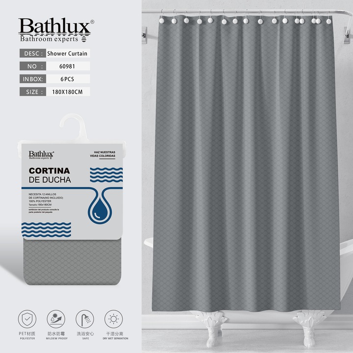 Perdea de dus Bathlux, panza tip fagure, impermeabila, gri, 180x180cm