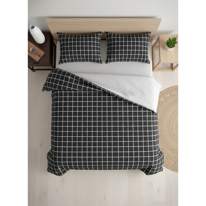 Set Lenjerie de Pat Dublu, Demoteks, Bumbac Satinat, Negru, 4 piese, 160x200cm, 190x220cm, 50x70cm