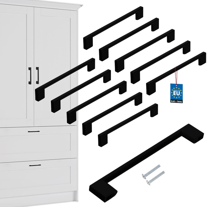 Urmareste set de 10 Usi de Mobila, KOTARBAU, 190x28mm, Negru Mat, Montare Verticala/Horizontala