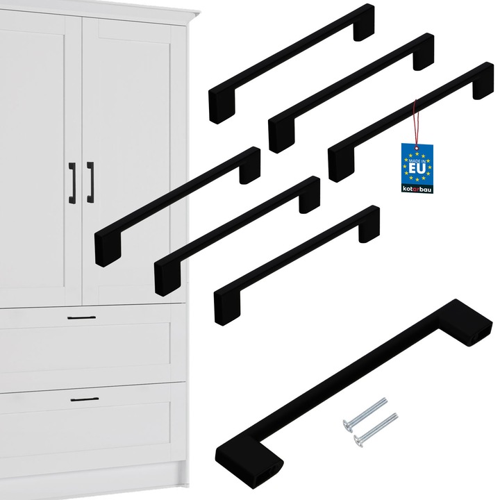 Urmareste set de 6 manere mobile, 190x28mm, negru mat, pentru dulapuri si sertare, montaj vertical/horizontal