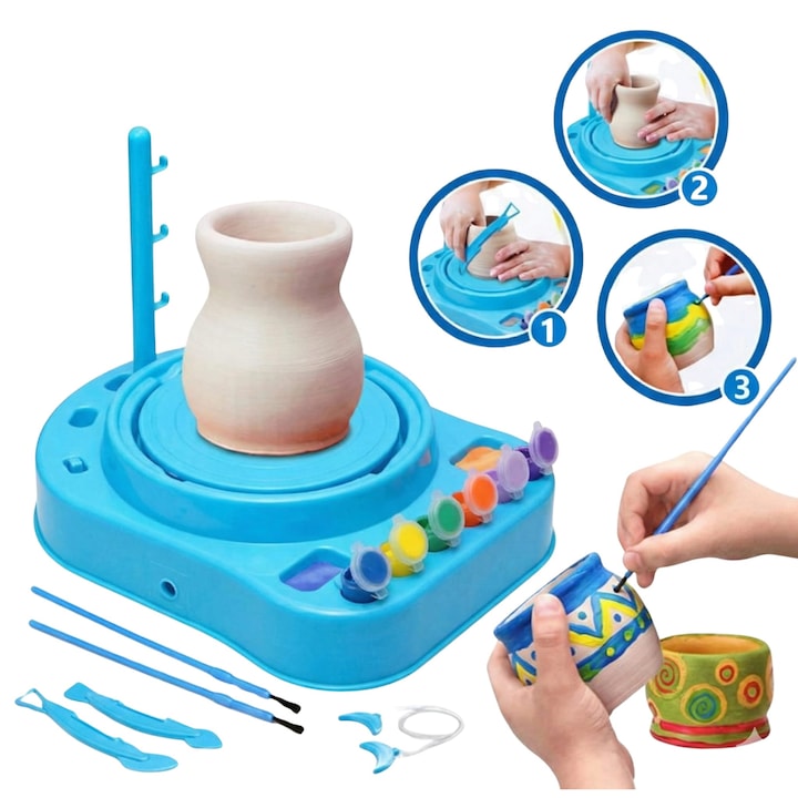 Auraliv® Roata de Olarit pentru Copii – Set Creativ Albastru cu Argila, Pensule, Culori si Unelte Sculptura
