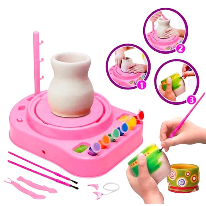 Auraliv® Roata de Olarit pentru Copii – Set Creativ cu Argila, Unelte Sculptura, Pensule si Culori | Joc Educativ DIY, Dezvoltare Motrica, Arta si Creativitate | Varianta Roz