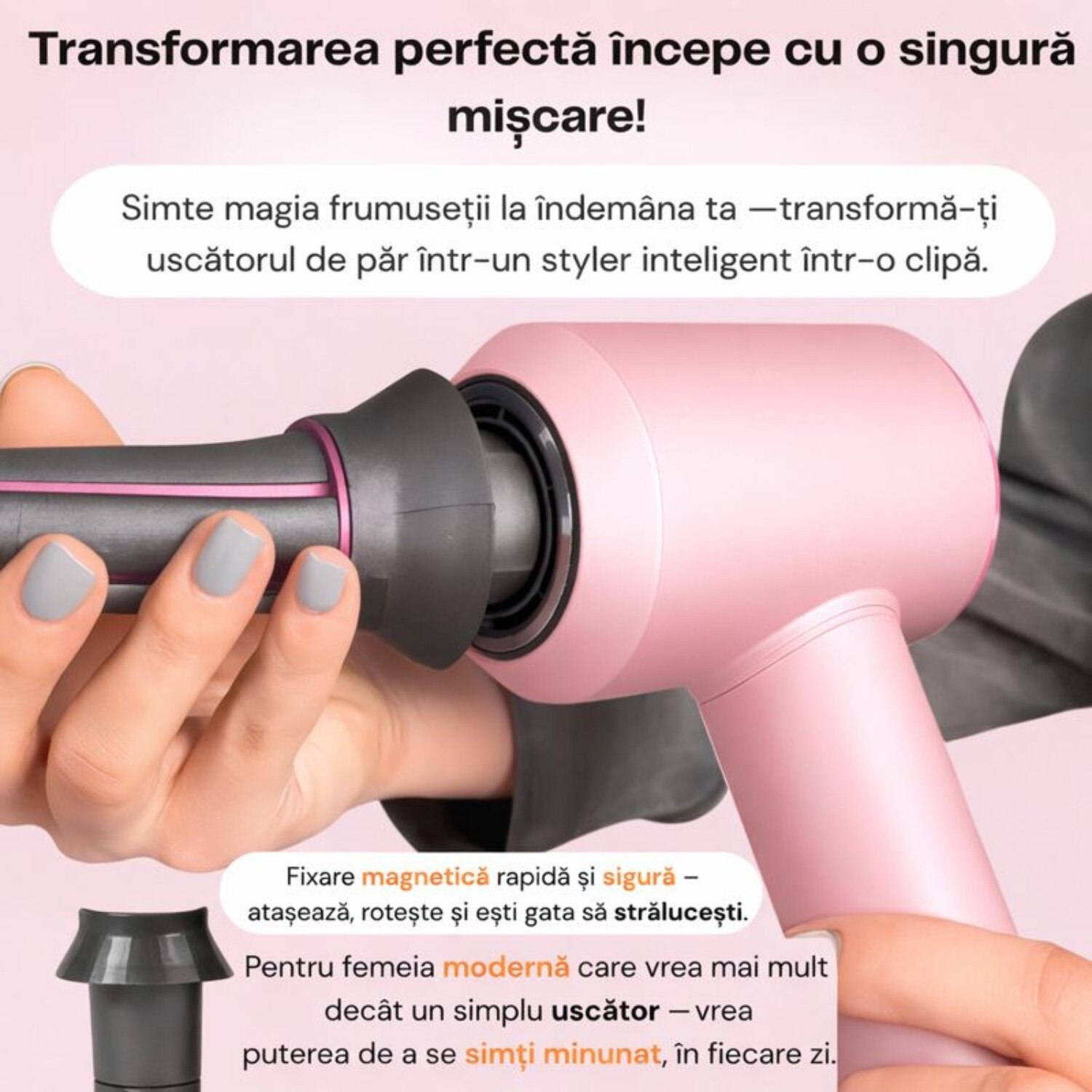 Foc Roz Uscator si styler de par profesional 7 in 1, 1600W, motor digital FOC ...