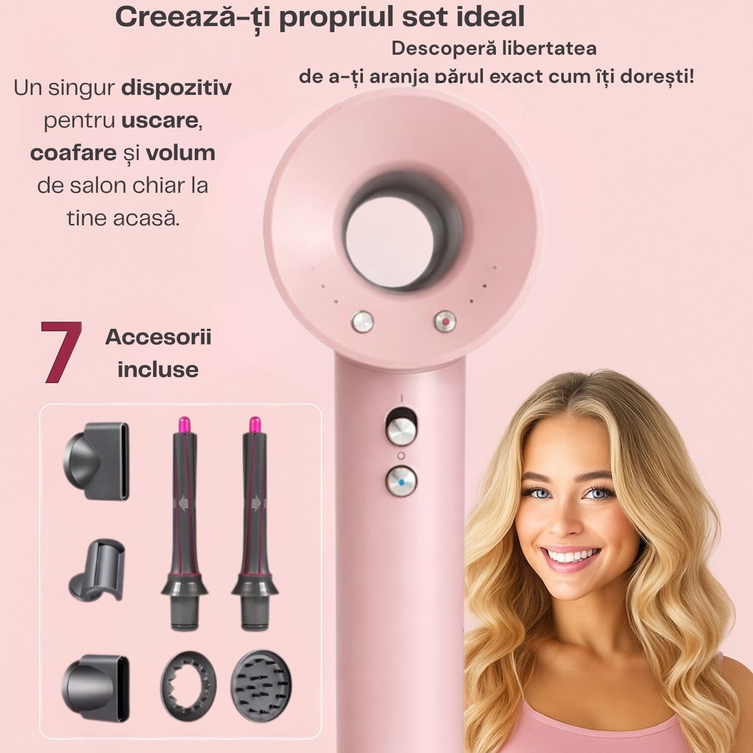 Foc Roz Uscator si styler de par profesional 7 in 1, 1600W, motor digital FOC ...