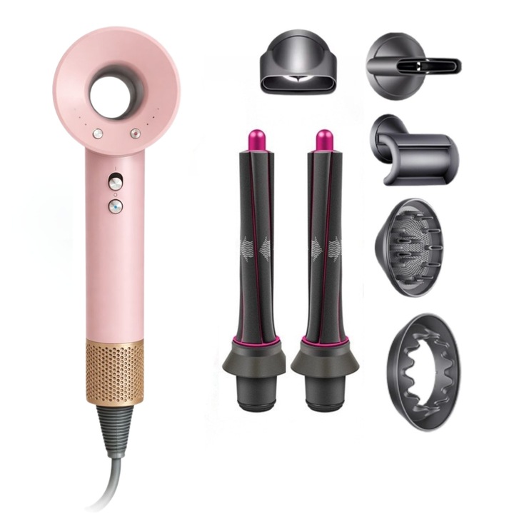 Професионална преса и стилер за коса 7 в 1, 1600W, безчетков дигитален FOC мотор 110 000 об./мин, технология с отрицателни йони, PID контрол на температурата, 3 скорости, 4 степени на нагряване, магнитни дюзи, студен въздух, розов