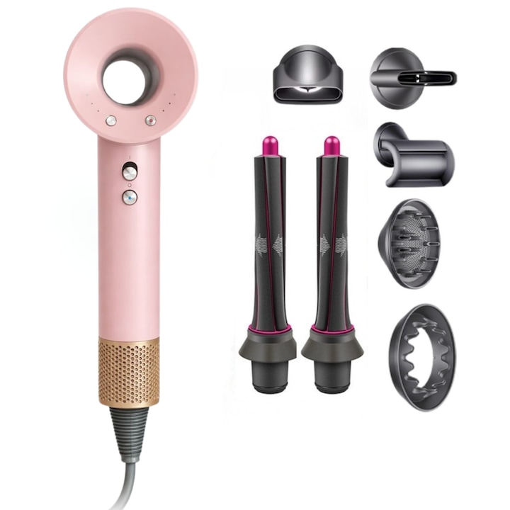 Professzionális 7 az 1-ben hajszárító és hajformázó, 1600W, FOC kefe nélküli digitális motor 110.000 ford./perc, negatív ion technológia, PID hőmérséklet-szabályozás, 3 sebesség, 4 hőmérsékleti fokozat, mágneses fúvókák, hideg levegő, rózsaszín