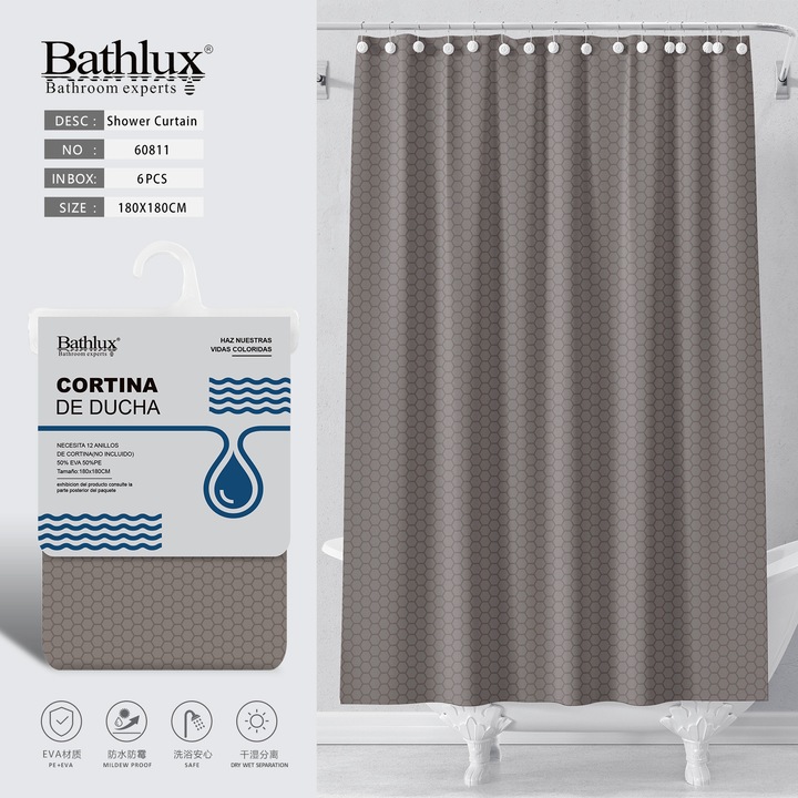 BATHLUX, Perdea De Dus EVA Tip Fagure, kaki 180*180 CM, 60811