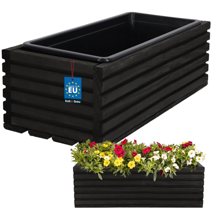 Skrzynka drewniana pentru flori, KOTARBAU, 44x20x14cm, neagra, cu insert din PVC