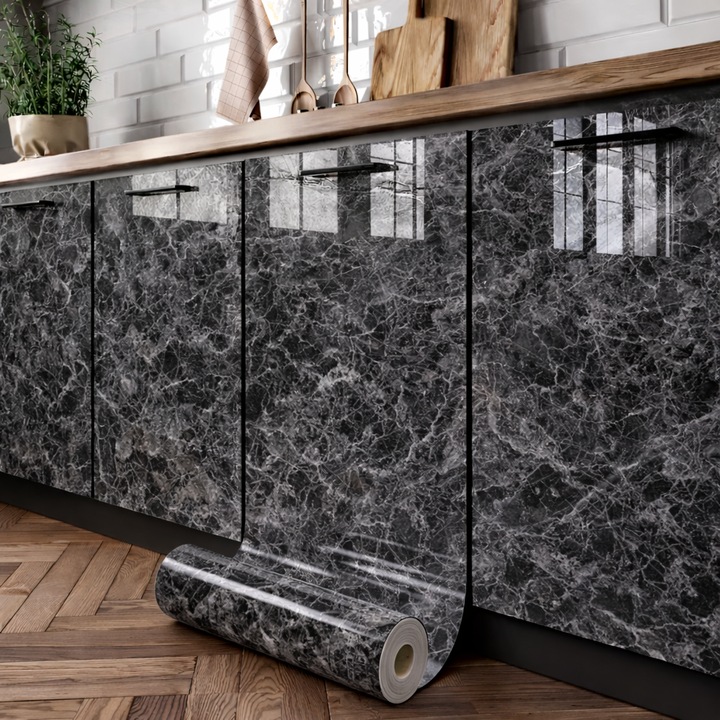 Sötétszürke márvány öntapadós fólia, SoSar® 10 m x 60 cm, Tekercs típusú, Vízálló és Zsírálló, Konyhához, Munkalapokhoz és Bútorokhoz, Fényes Felület