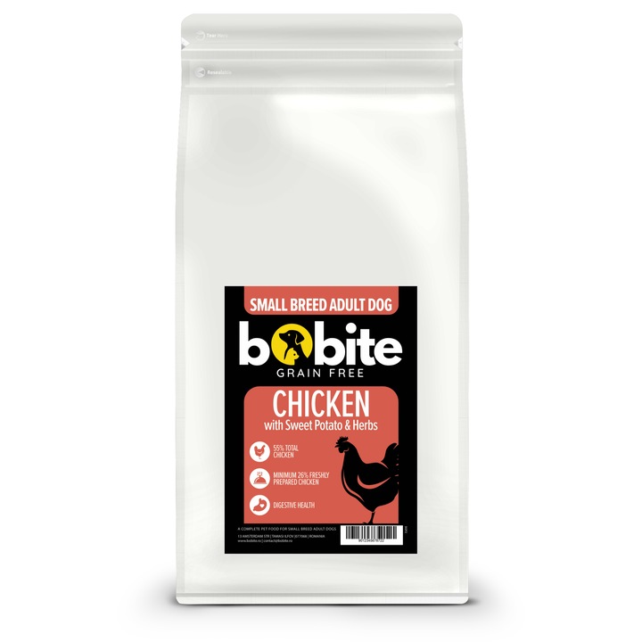 Hrana uscata caini Bobite Grain Free, pui cu cartof dulce si ierburi, adulti, rasa mica, 2 kg