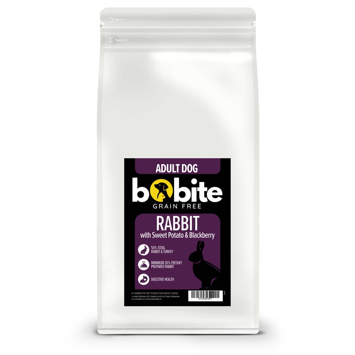Hrana uscata caini Bobite Grain Free, iepure cu cartof dulce si mure, adulti, 2 kg
