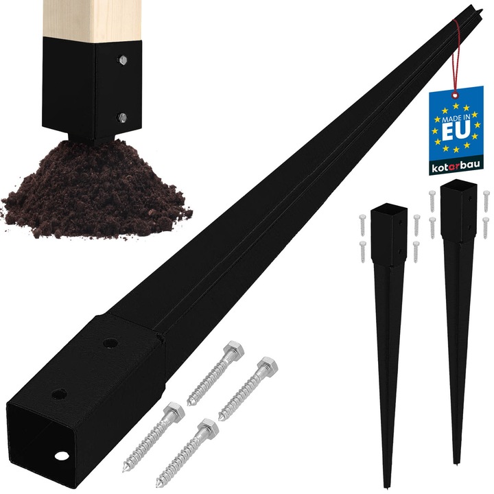 Baza de stalp din otel, KOTARBAU, 46x46x600mm, rezistenta la coroziune, neagra, set 2 bucati