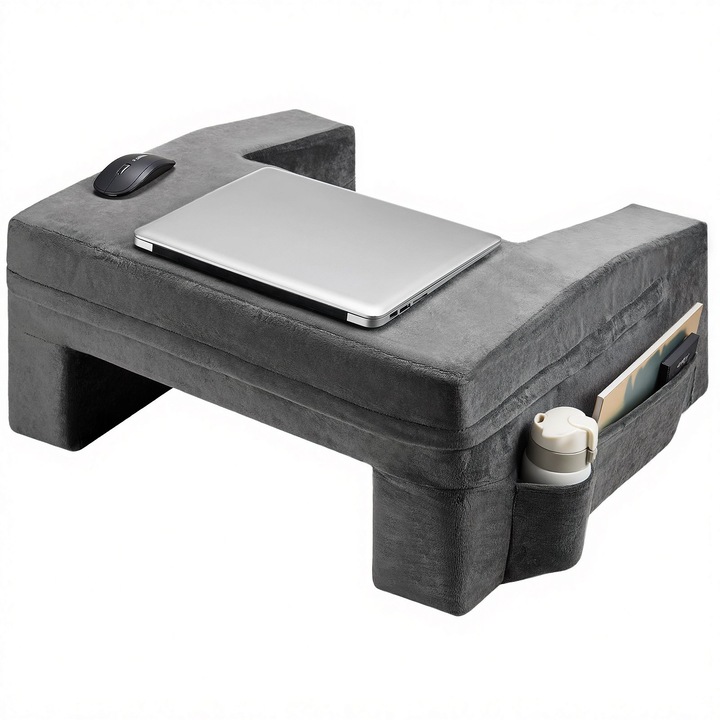 Perna de citit în pat, spuma cu memorie, husa lavabilă, gri, 61x28cm, 3 buzunare laterale