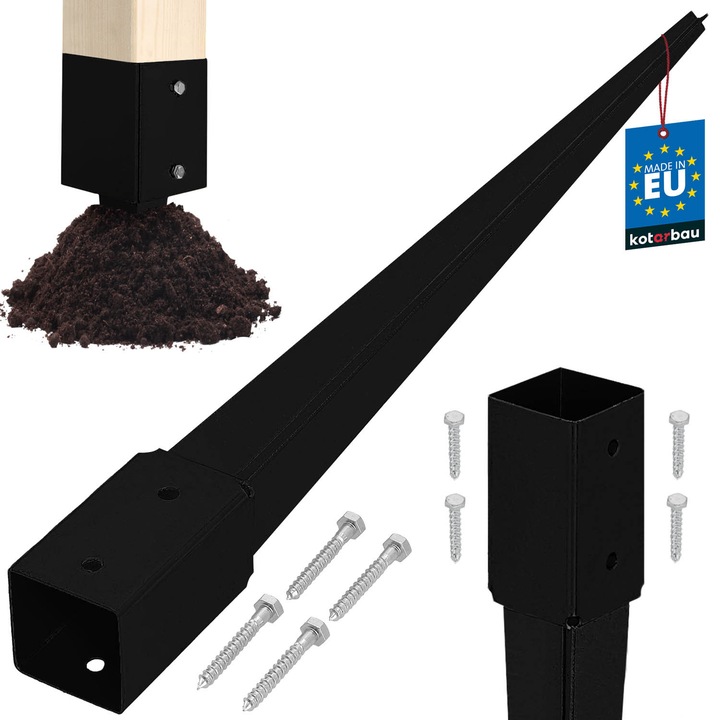 Baza de stalp infipt in pamant, KOTARBAU, 51x51x600mm, otel zincat, negru